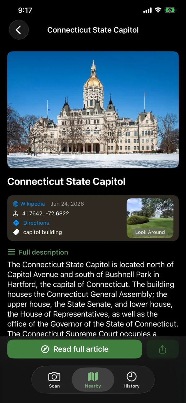 The landmark page for the Connecticut State Capitol, with its Wikipedia summary, coordinates, directions, and Look Around.