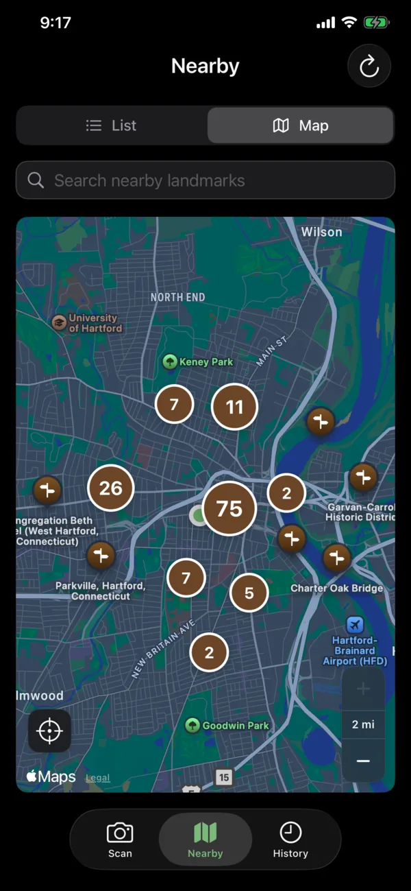 The Nearby map, with clusters of landmarks around Hartford, Connecticut.