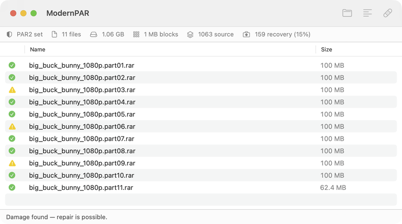 ModernPAR window listing an 11-volume PAR2 set. Three volumes have yellow warning icons, and the status line says damage was found and repair is possible.