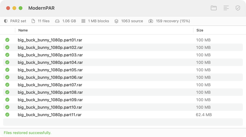 The same window after repair. All 11 volumes have green checkmarks, and the status line reads Files restored successfully.